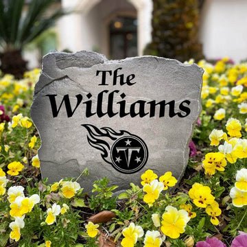 Officially licensed Tennessee Titans Name Stone handcrafted in the USA with custom family engraving and durable team artwork. This decorative garden stone enhances landscape beds, patios, and outdoor living spaces with lasting beauty and team pride.