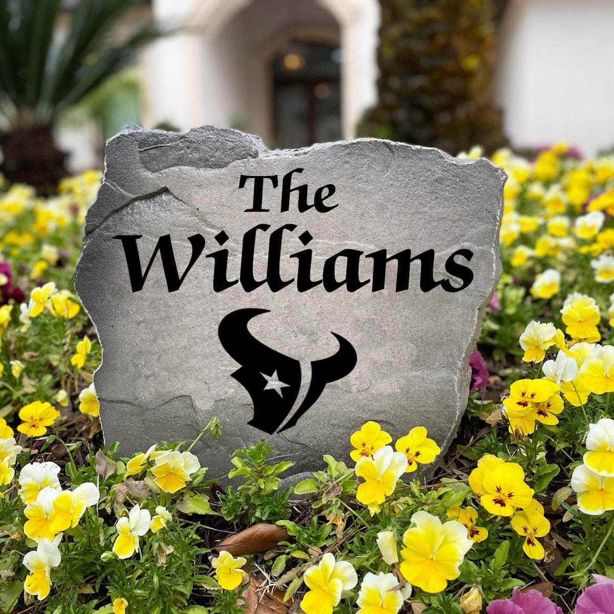 Officially licensed Houston Texans Name Stone handcrafted in the USA with custom family engraving and durable team artwork. This decorative garden stone enhances landscape beds, patios, and outdoor living spaces with lasting beauty and NFL team pride.