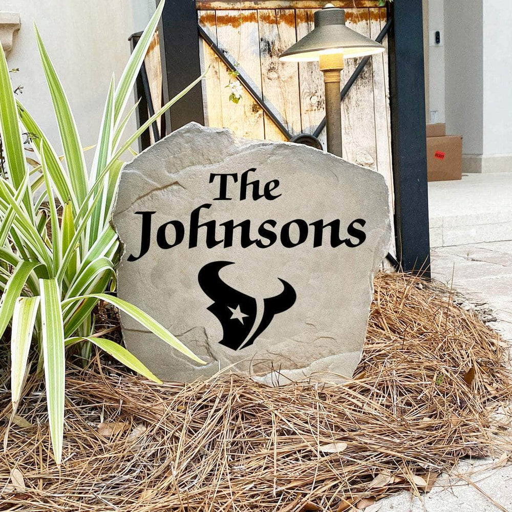 Engraved Houston Texans Name Stone with a custom family name and the official Houston Texans logo, bringing football spirit and timeless style to front yard landscapes, walkways, and home entrances.