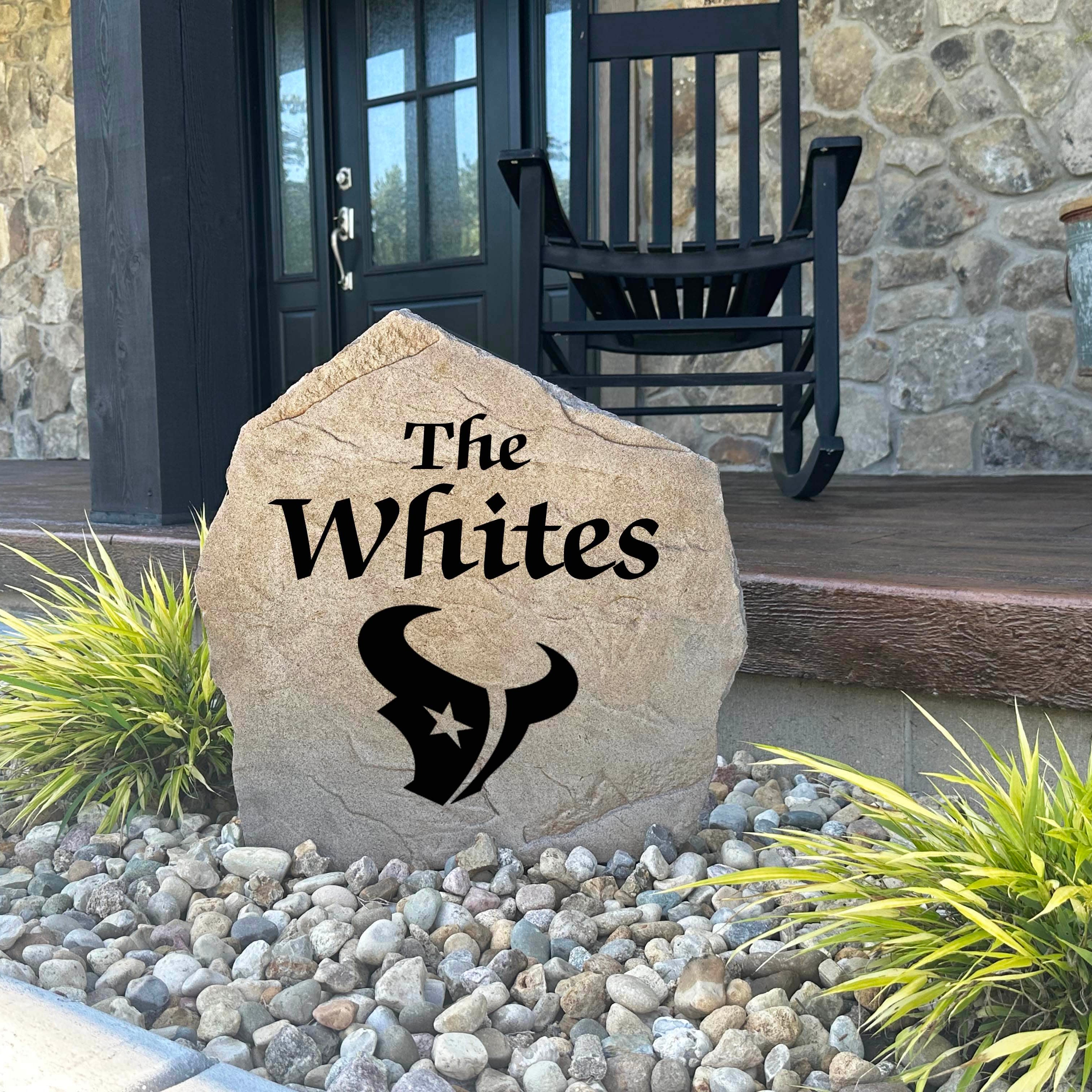 Decorative Houston Texans Name Stone featuring personalized family names permanently engraved into the stone surface alongside officially licensed team graphics. Perfect for gardens, patios, and entryways, this outdoor accent celebrates Houston Texans football tradition.