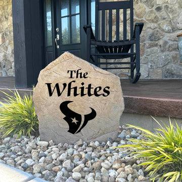 Decorative Houston Texans Name Stone featuring personalized family names permanently engraved into the stone surface alongside officially licensed team graphics. Perfect for gardens, patios, and entryways, this outdoor accent celebrates Houston Texans football tradition.
