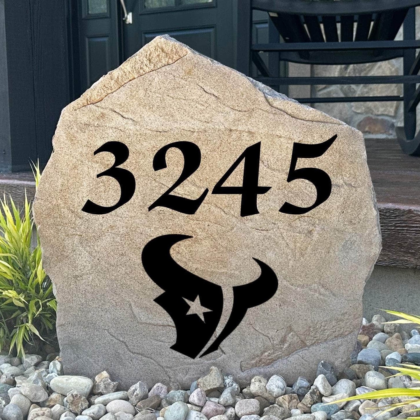 Officially licensed Houston Texans Address Stone featuring custom house numbers and the iconic Houston Texans logo engraved directly into the stone surface. This personalized address stone adds NFL team pride and enhances curb appeal for front yards, gardens, driveways, and entryways.