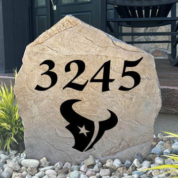 Officially licensed Houston Texans Address Stone featuring custom house numbers and the iconic Houston Texans logo engraved directly into the stone surface. This personalized address stone adds NFL team pride and enhances curb appeal for front yards, gardens, driveways, and entryways.