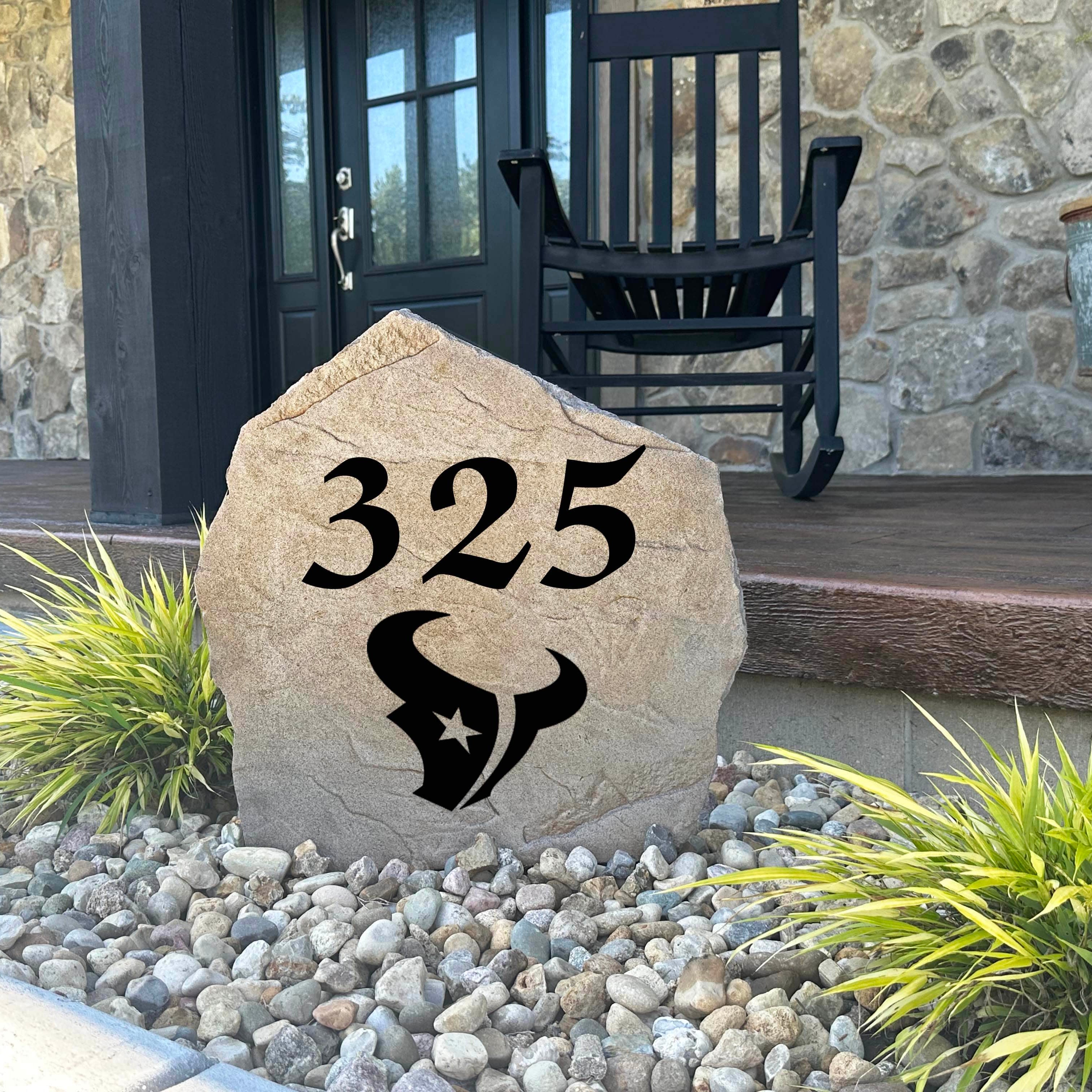 Decorative Houston Texans Address Stone featuring personalized house numbers permanently engraved into the stone surface alongside officially licensed team graphics. Perfect for driveways, patios, gardens, and landscape beds, this address marker celebrates Texans football tradition.