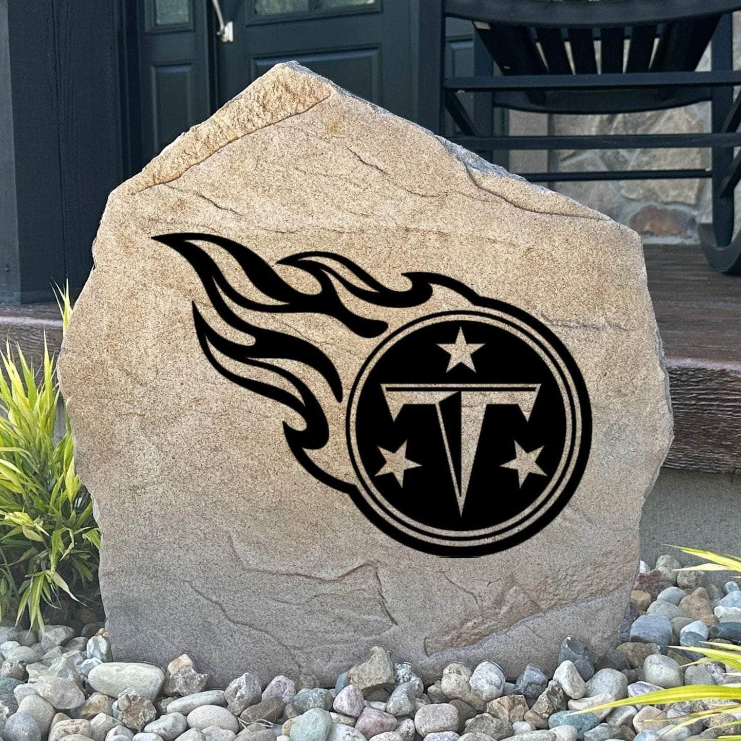 Officially licensed Tennessee Titans Logo Stone featuring the iconic Tennessee Titans logo engraved directly into the stone surface. This decorative garden stone adds NFL team spirit and curb appeal to front yards, patios, gardens, and entryways.