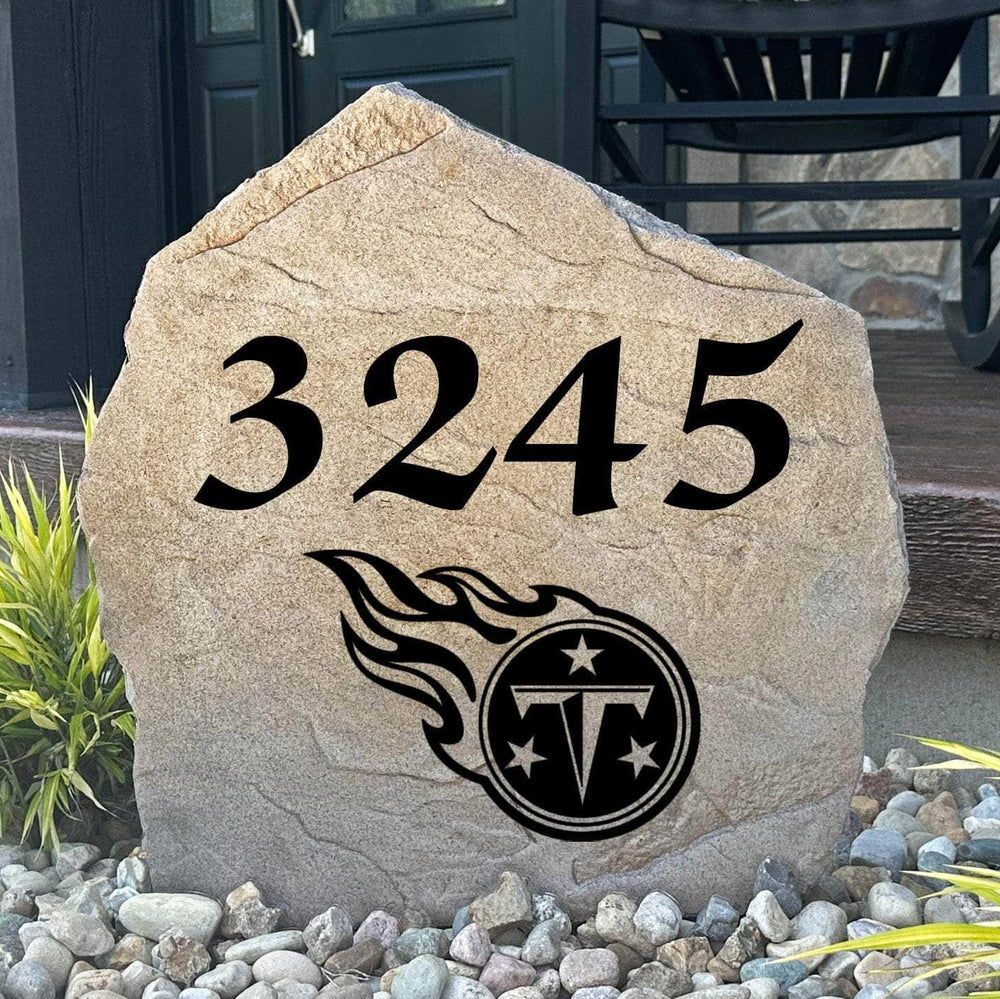 Officially licensed Tennessee Titans Address Stone featuring custom house numbers and the iconic Tennessee Titans logo engraved directly into the stone surface. This personalized address stone adds NFL team pride and enhances curb appeal for front yards, gardens, driveways, and entryways.
