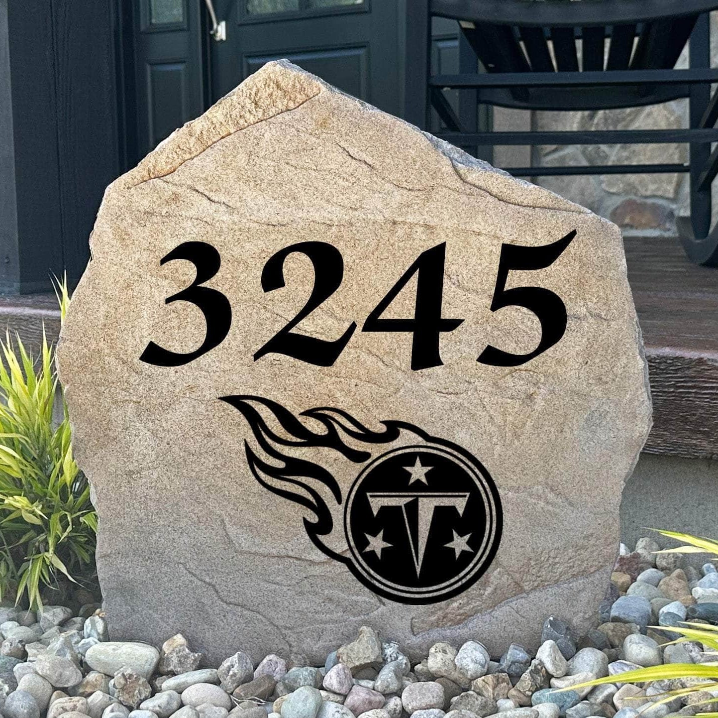 Officially licensed Tennessee Titans Address Stone featuring custom house numbers and the iconic Tennessee Titans logo engraved directly into the stone surface. This personalized address stone adds NFL team pride and enhances curb appeal for front yards, gardens, driveways, and entryways.