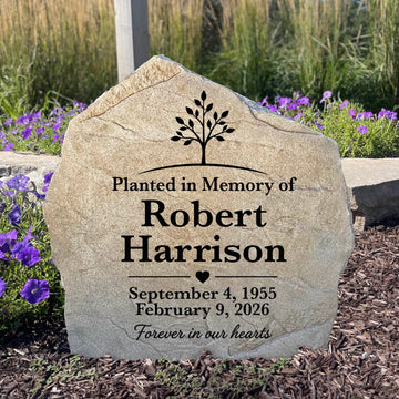 Tree of Remembrance Memorial Stone personalized with a loved one's name for a peaceful memorial garden