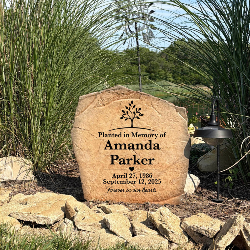 Engraved Tree of Remembrance memorial garden stone honoring the memory of a loved one with personalized details