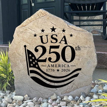Patriotic USA 250th Anniversary Stone featuring a commemorative engraved design celebrating 250 years of American independence. This decorative landscape stone adds timeless patriotic character to gardens, patios, walkways, and front entryways.