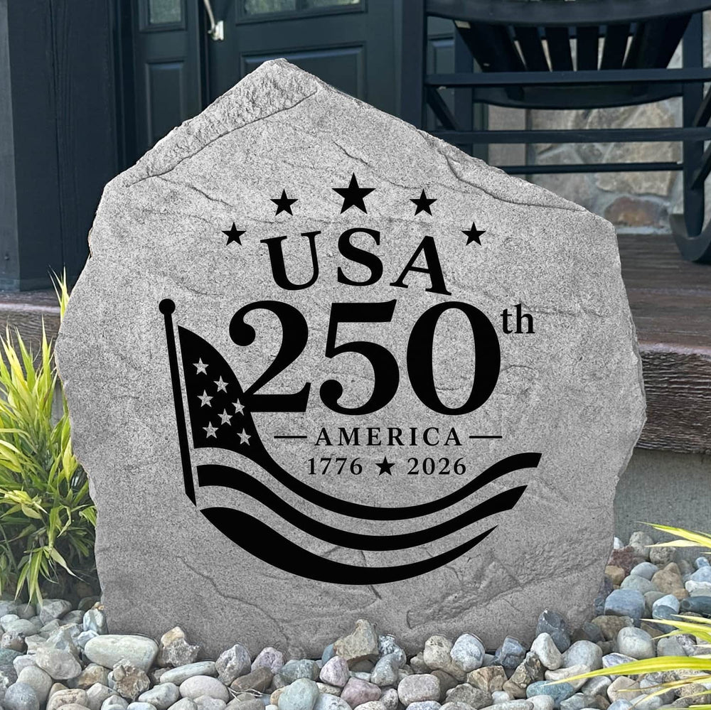 Celebrate America's Semiquincentennial with a USA 250th Anniversary Stone engraved directly into premium stone. A meaningful outdoor accent for flower beds, porches, memorial gardens, and beautifully landscaped yards.