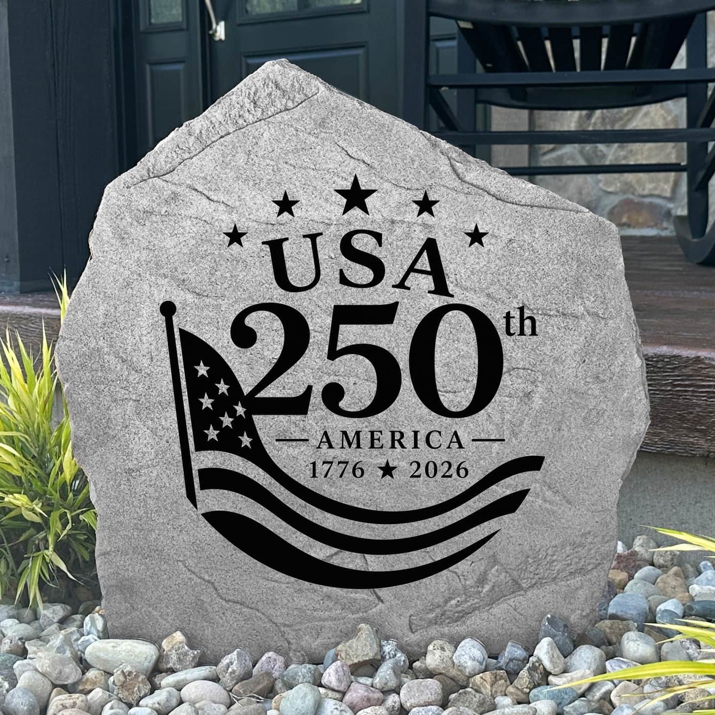 Celebrate America's Semiquincentennial with a USA 250th Anniversary Stone engraved directly into premium stone. A meaningful outdoor accent for flower beds, porches, memorial gardens, and beautifully landscaped yards.