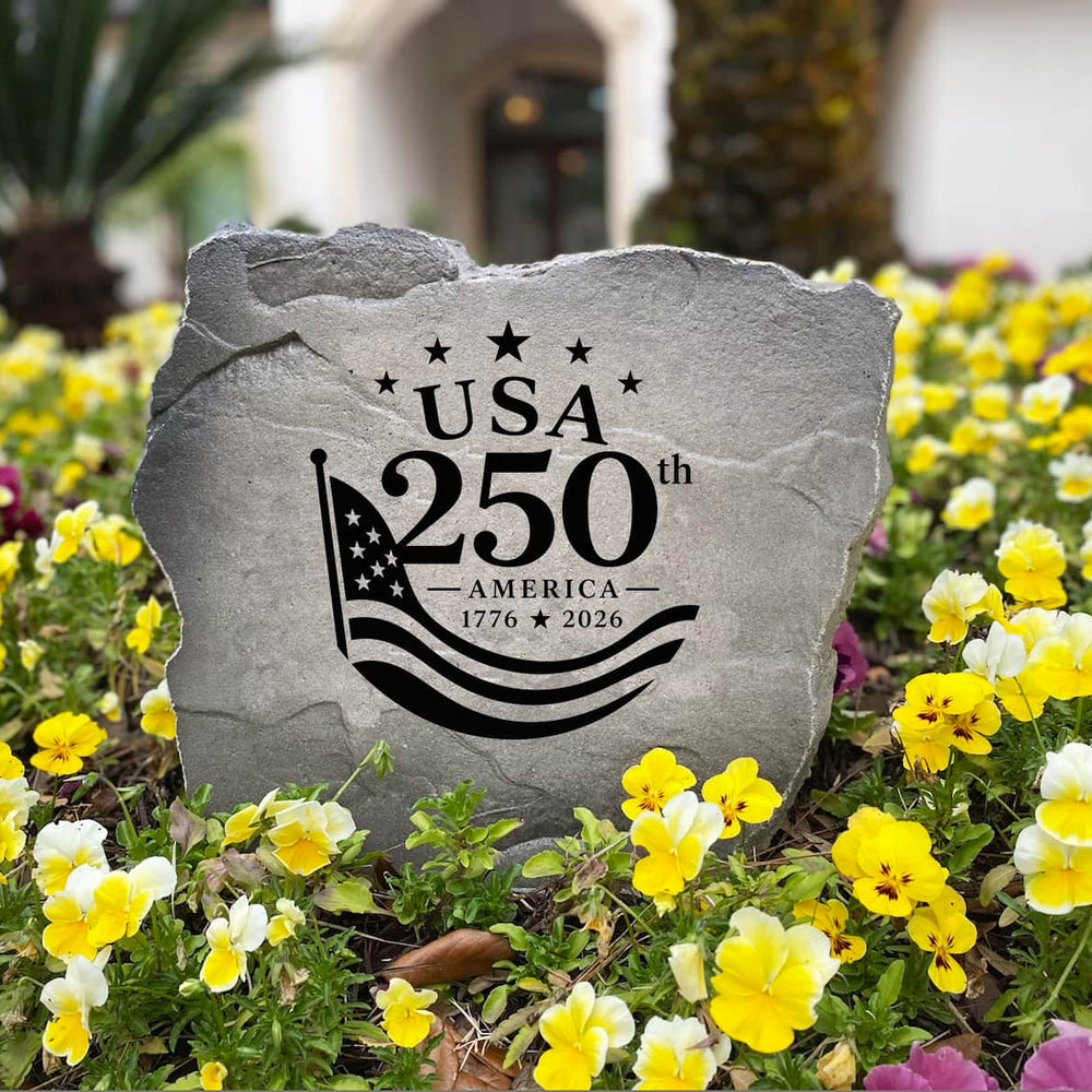 Decorative USA 250th Anniversary landscape stone featuring a beautifully engraved patriotic design that commemorates America's 250-year legacy of freedom. This timeless outdoor stone enhances gardens, entryways, patios, and landscape beds with enduring national pride.