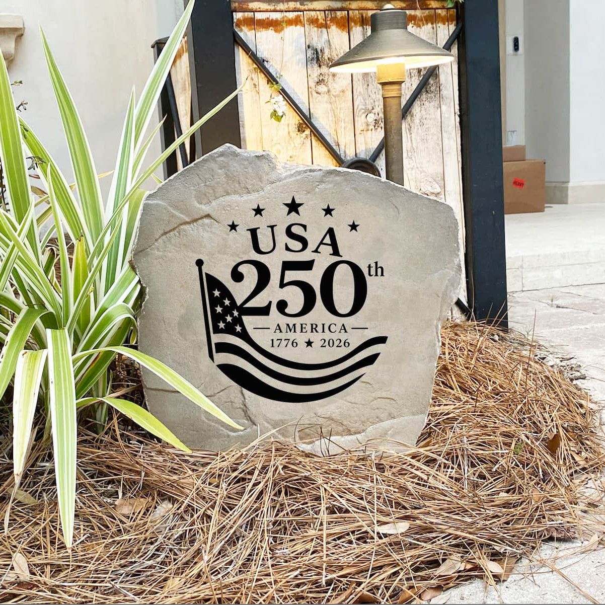 Premium USA 250th Anniversary garden stone honoring the 250th anniversary of the United States with an elegant patriotic design. This engraved outdoor décor creates a striking focal point while showcasing American pride.