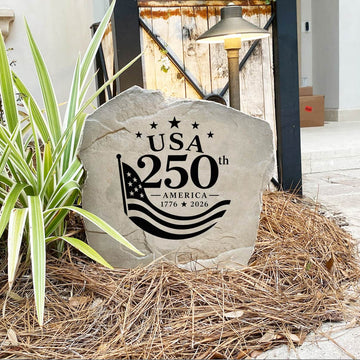 Premium USA 250th Anniversary garden stone honoring the 250th anniversary of the United States with an elegant patriotic design. This engraved outdoor décor creates a striking focal point while showcasing American pride.