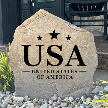 Patriotic American Pride Stone featuring a beautifully engraved design that celebrates freedom, honor, and the American spirit. This decorative landscape stone adds timeless character to gardens, patios, walkways, and front entryways.