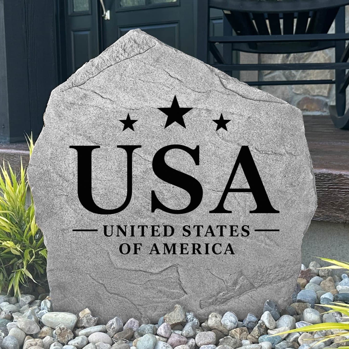 American Pride Stone engraved directly into durable stone with a classic patriotic design. Perfect for flower beds, memorial gardens, porches, outdoor living spaces, and beautifully landscaped yards.