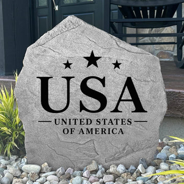 American Pride Stone engraved directly into durable stone with a classic patriotic design. Perfect for flower beds, memorial gardens, porches, outdoor living spaces, and beautifully landscaped yards.