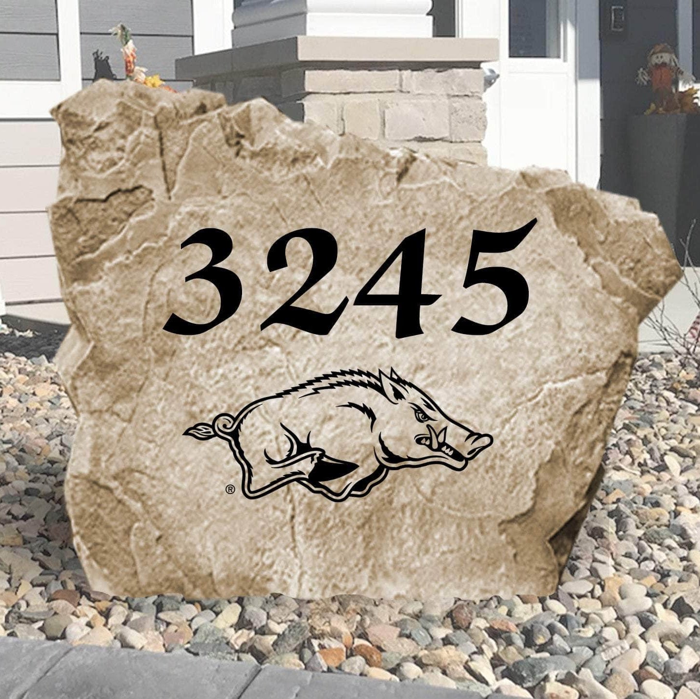 Personalized University of Arkansas address stone engraved with custom house numbers, creating a Razorbacks-inspired welcome for your home's entrance.
