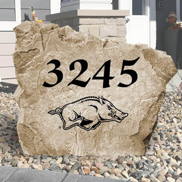 Personalized University of Arkansas address stone engraved with custom house numbers, creating a Razorbacks-inspired welcome for your home's entrance.