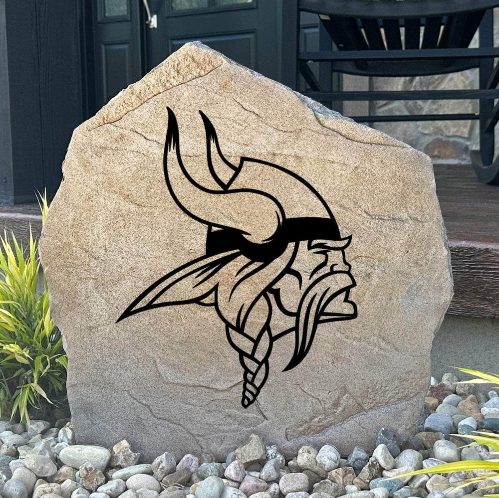 Officially licensed Minnesota Vikings Logo Stone featuring the iconic Minnesota Vikings logo engraved directly into the stone surface. This decorative garden stone adds NFL team spirit and curb appeal to front yards, patios, gardens, and entryways.