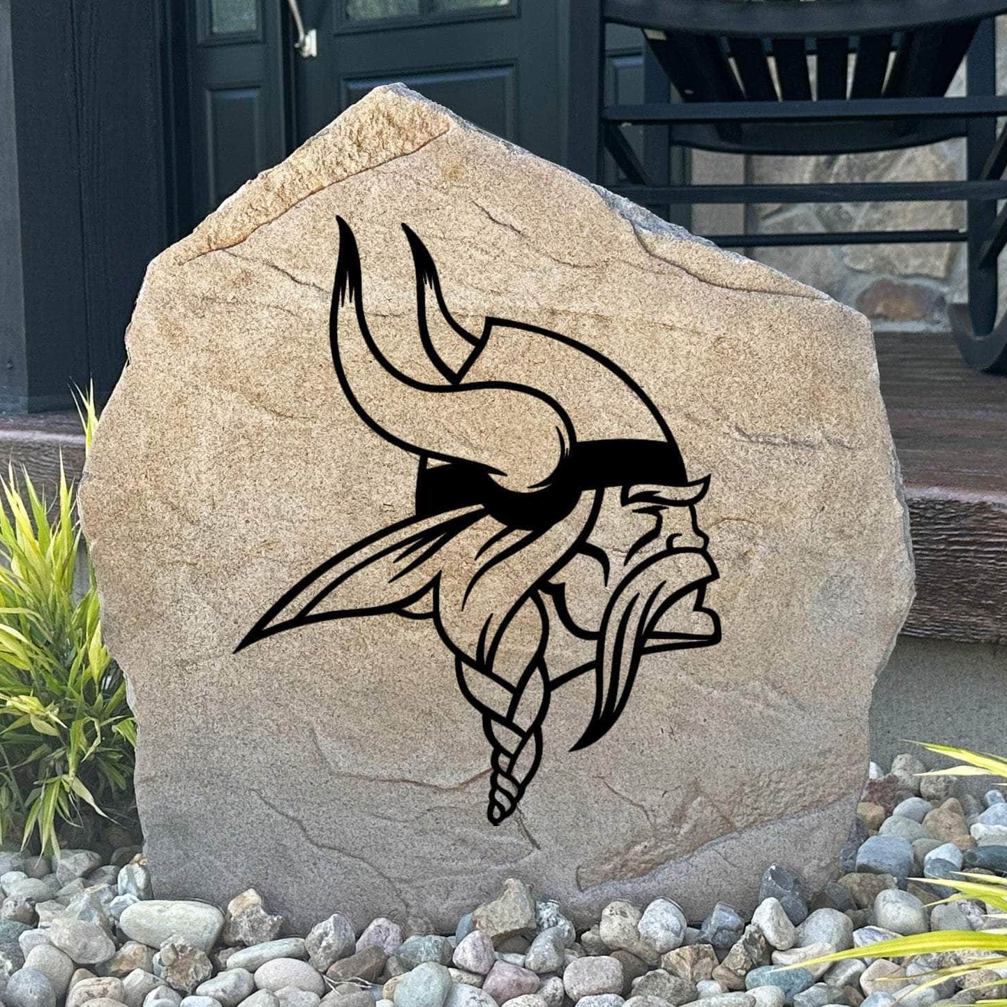 Officially licensed Minnesota Vikings Logo Stone featuring the iconic Minnesota Vikings logo engraved directly into the stone surface. This decorative garden stone adds NFL team spirit and curb appeal to front yards, patios, gardens, and entryways.