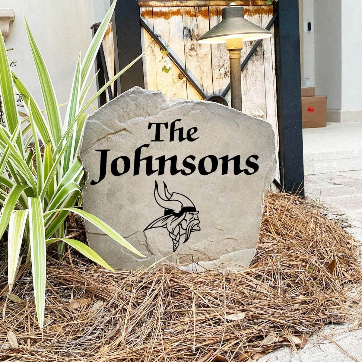 Engraved Minnesota Vikings Name Stone with a custom family name and the official Minnesota Vikings logo, bringing football spirit and timeless style to front yard landscapes, walkways, and home entrances.