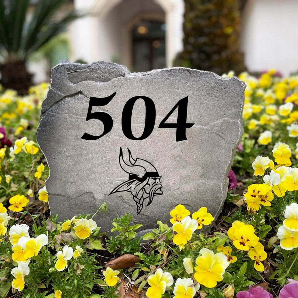Officially licensed Minnesota Vikings Address Stone handcrafted in the USA with custom house numbers and durable engraved artwork. This weather-resistant address stone provides lasting beauty and curb appeal for football fans and outdoor spaces.