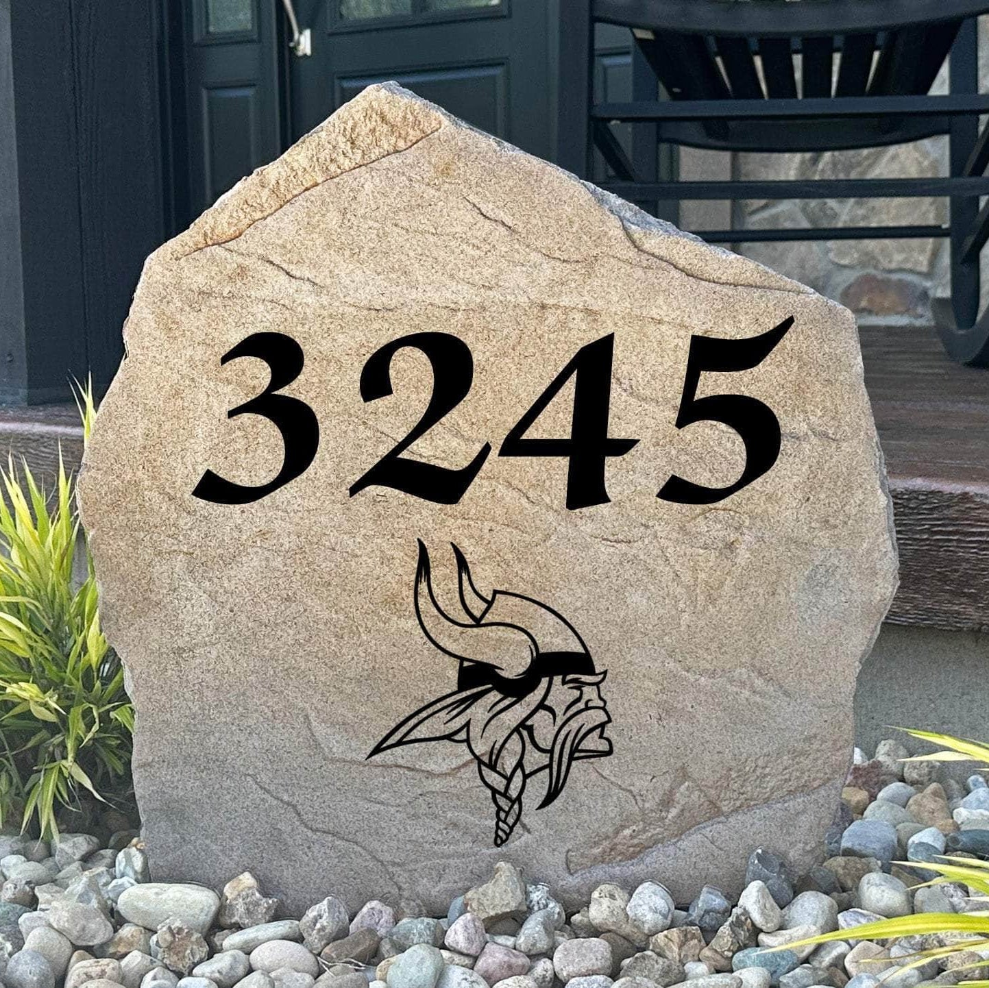 Officially licensed Minnesota Vikings Address Stone featuring custom house numbers and the iconic Minnesota Vikings logo engraved directly into the stone surface. This personalized address stone adds NFL team pride and enhances curb appeal for front yards, gardens, driveways, and entryways.