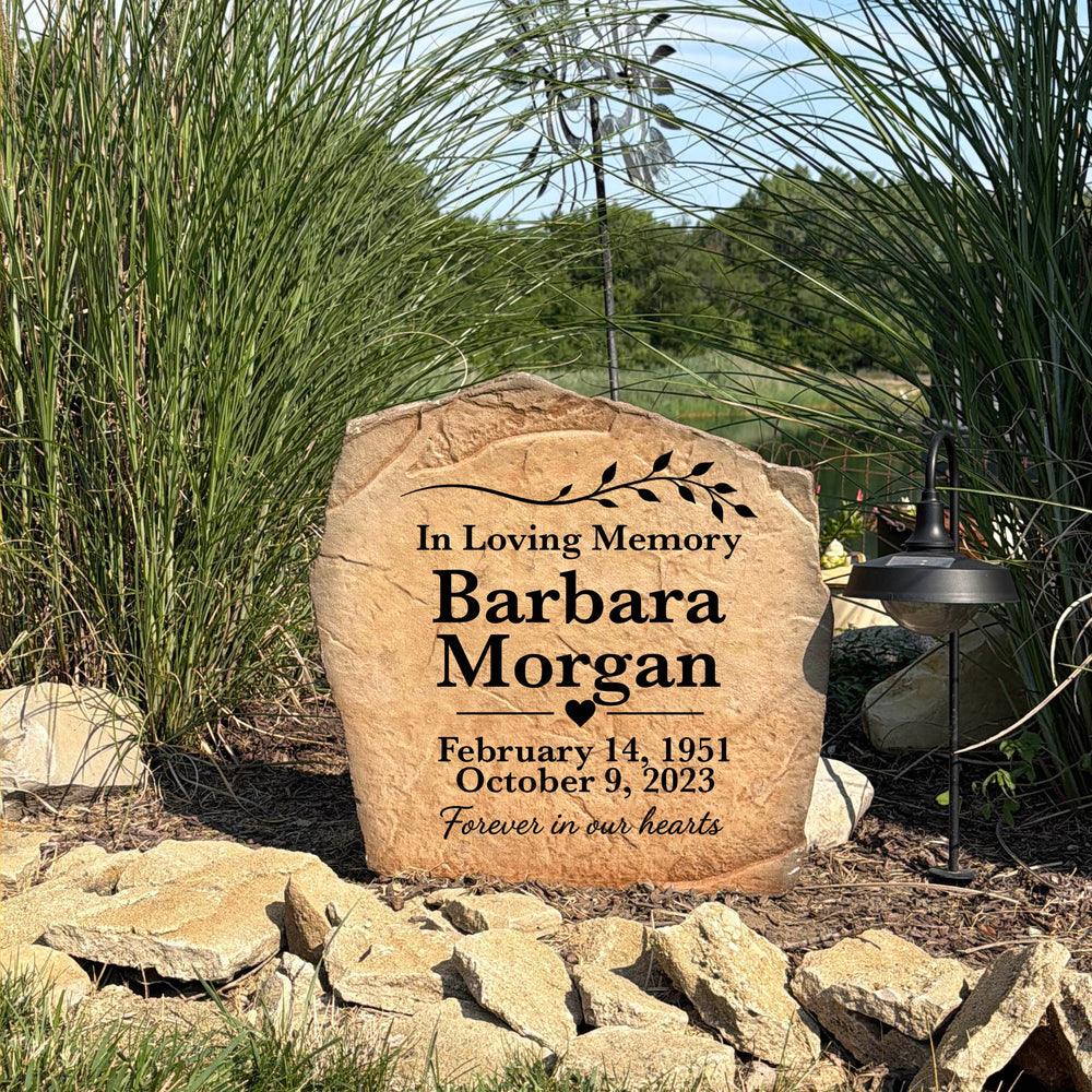 Weather-resistant Vine Memorial Stone displayed in a garden, flower bed, or peaceful remembrance space