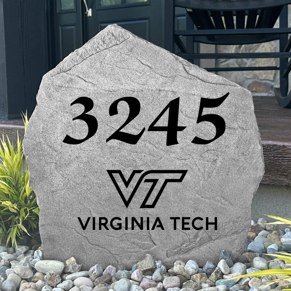 Custom Virginia Tech Address Stone featuring the official Hokies logo and personalized house numbers. A stylish way to display your address in front yards, driveways, gardens, and landscaped entryways.