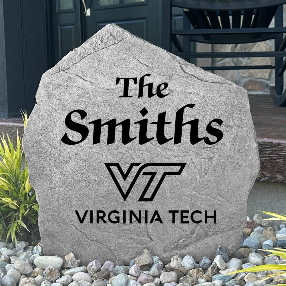 Custom Virginia Tech Hokies Name Stone featuring the official university logo and your personalized family name. A beautiful landscape accent for gardens, patios, front entryways, and flower beds.