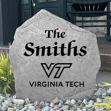 Custom Virginia Tech Hokies Name Stone featuring the official university logo and your personalized family name. A beautiful landscape accent for gardens, patios, front entryways, and flower beds.