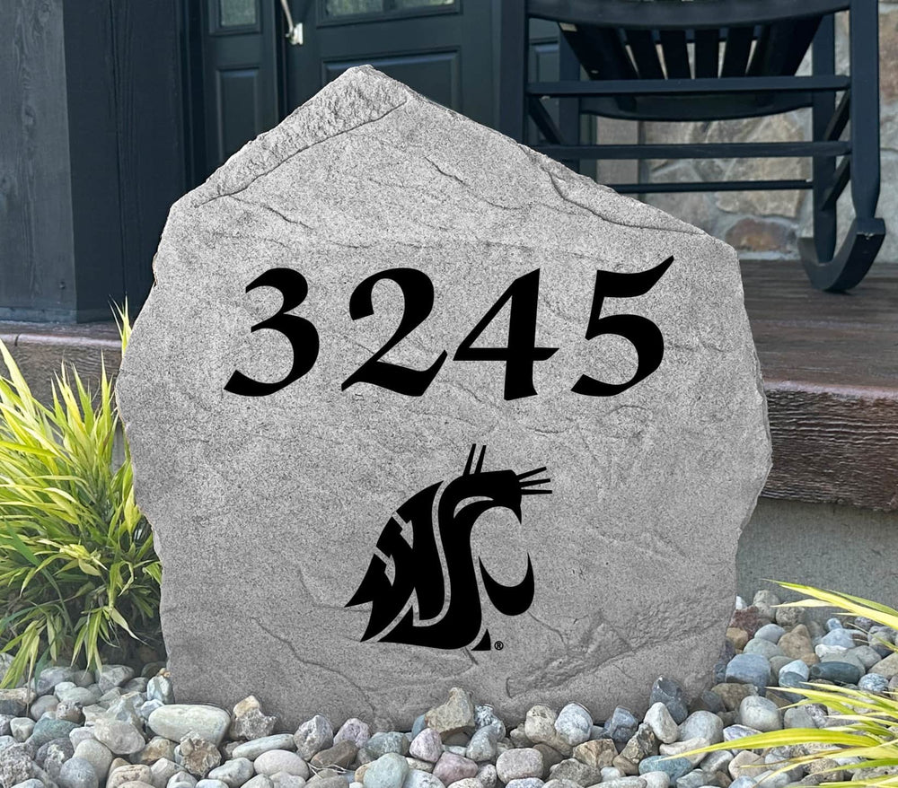 Custom Washington State University Address Stone featuring the official Cougars logo and personalized house numbers. A stylish way to display your address in front yards, driveways, gardens, and landscaped entryways.