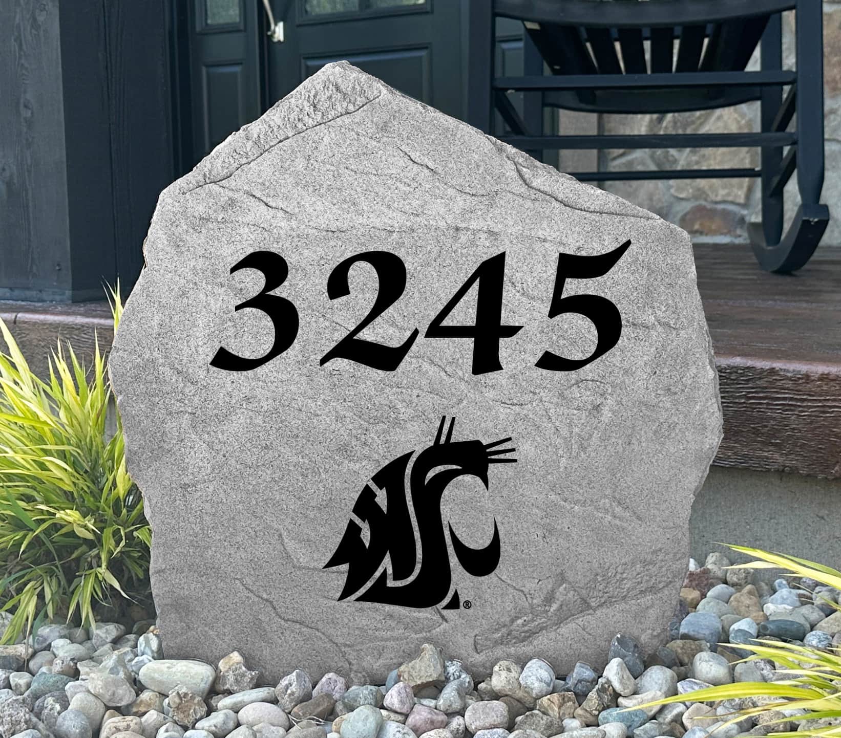Custom Washington State University Address Stone featuring the official Cougars logo and personalized house numbers. A stylish way to display your address in front yards, driveways, gardens, and landscaped entryways.