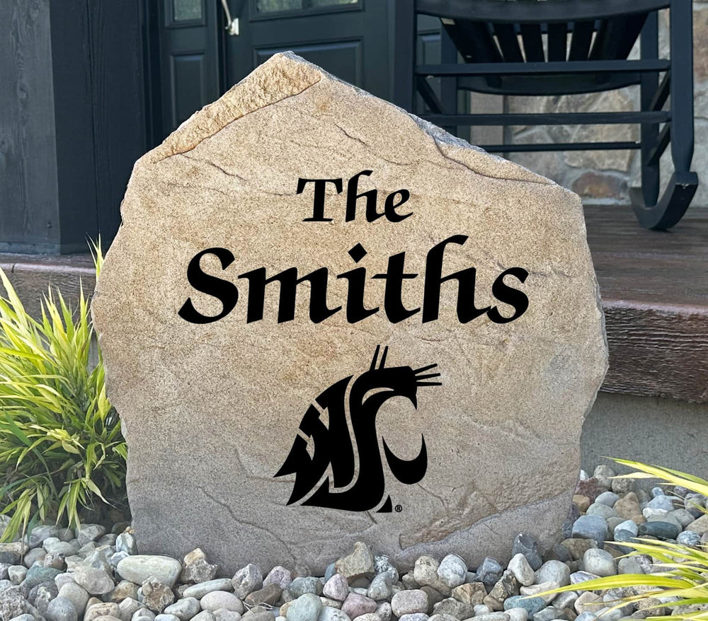 Officially licensed Washington State University Name Stone personalized with your family name and engraved directly into premium stone. This custom outdoor décor celebrates Cougars pride while creating a welcoming entrance to your home.