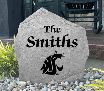 Custom Washington State Cougars Name Stone featuring the official university logo and your personalized family name. A beautiful landscape accent for gardens, patios, front entryways, and flower beds.