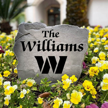Officially licensed Washington Commanders Name Stone handcrafted in the USA with custom family engraving and durable team artwork. This decorative garden stone enhances landscape beds, patios, and outdoor living spaces with lasting beauty and team pride.