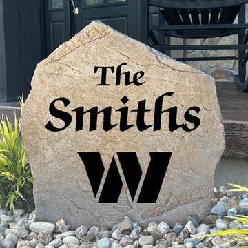 Officially licensed Washington Commanders Name Stone featuring a personalized family name and the Washington Commanders logo engraved directly into the stone surface. This custom garden stone adds NFL team pride and curb appeal to front yards, patios, gardens, and entryways.