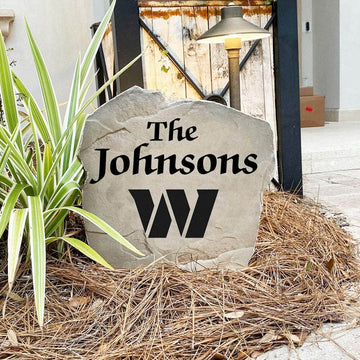 Engraved Washington Commanders Name Stone with a custom family name and the official Washington Commanders logo, bringing NFL spirit and timeless style to front yard landscapes, walkways, and home entrances.
