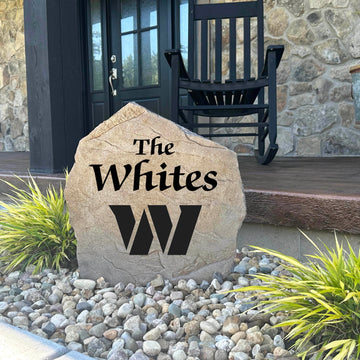 Decorative Washington Commanders Name Stone featuring personalized family names permanently engraved into the stone surface alongside officially licensed team graphics. Perfect for gardens, patios, and entryways, this outdoor accent celebrates Commanders football.