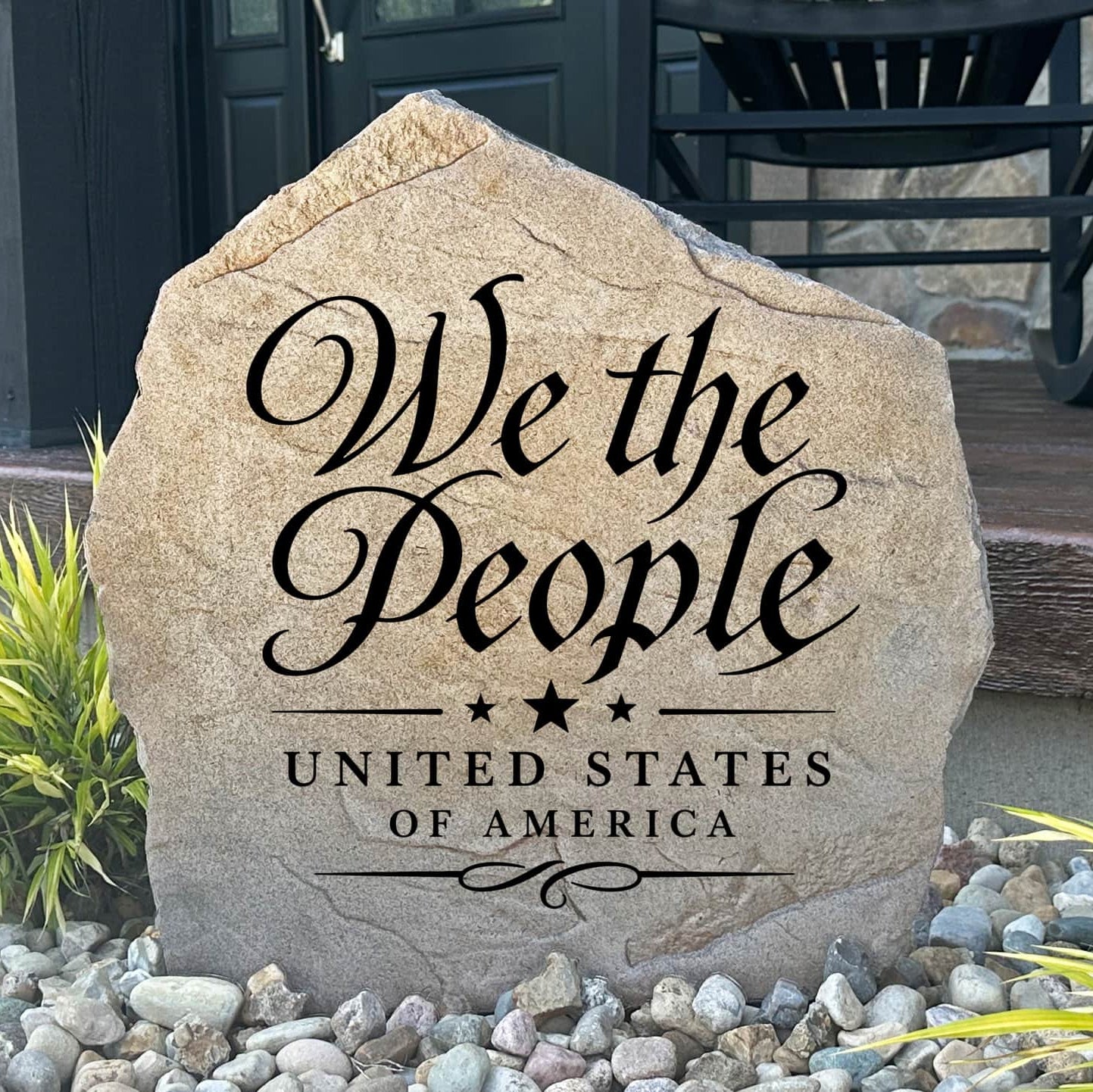 Patriotic We The People Stone featuring the opening words of the U.S. Constitution engraved into premium stone. This decorative landscape stone celebrates American heritage, freedom, and the founding principles of the United States.