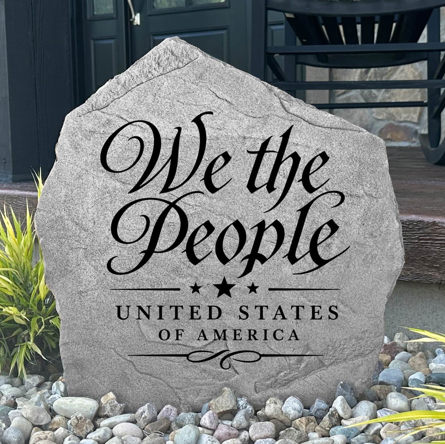 Decorative We The People Stone engraved directly into durable stone with a timeless patriotic design. A meaningful addition to gardens, front entryways, patios, memorial spaces, and outdoor living areas.
