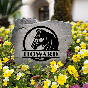 Personalized Horse Monogram Name Stone handcrafted in the USA with custom engraving and equestrian-inspired artwork. This decorative garden stone enhances landscape beds, barn entrances, and outdoor spaces with lasting beauty.