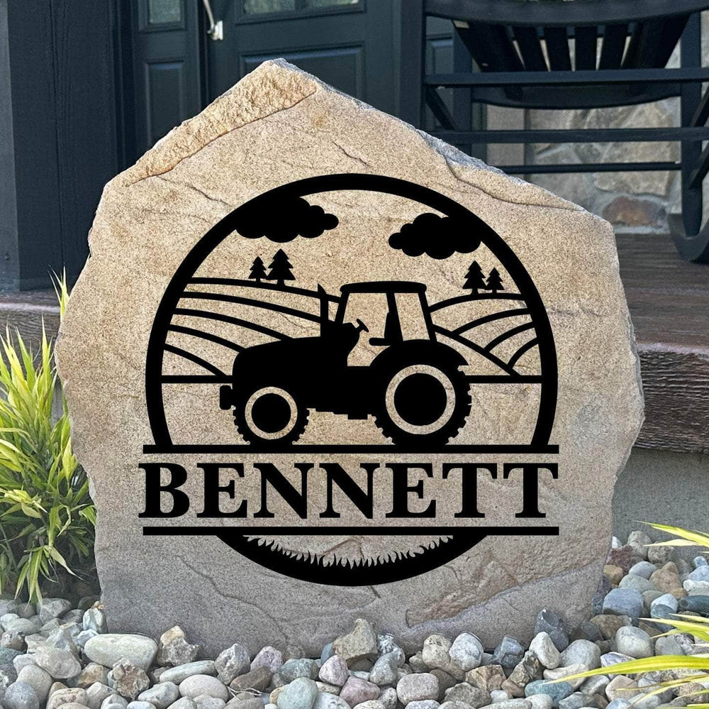 Personalized Farm Monogram Stone featuring a custom initial and farmhouse-inspired design engraved directly into the stone surface. This decorative garden stone adds rustic charm and curb appeal to farmhouses, front yards, patios, and entryways.