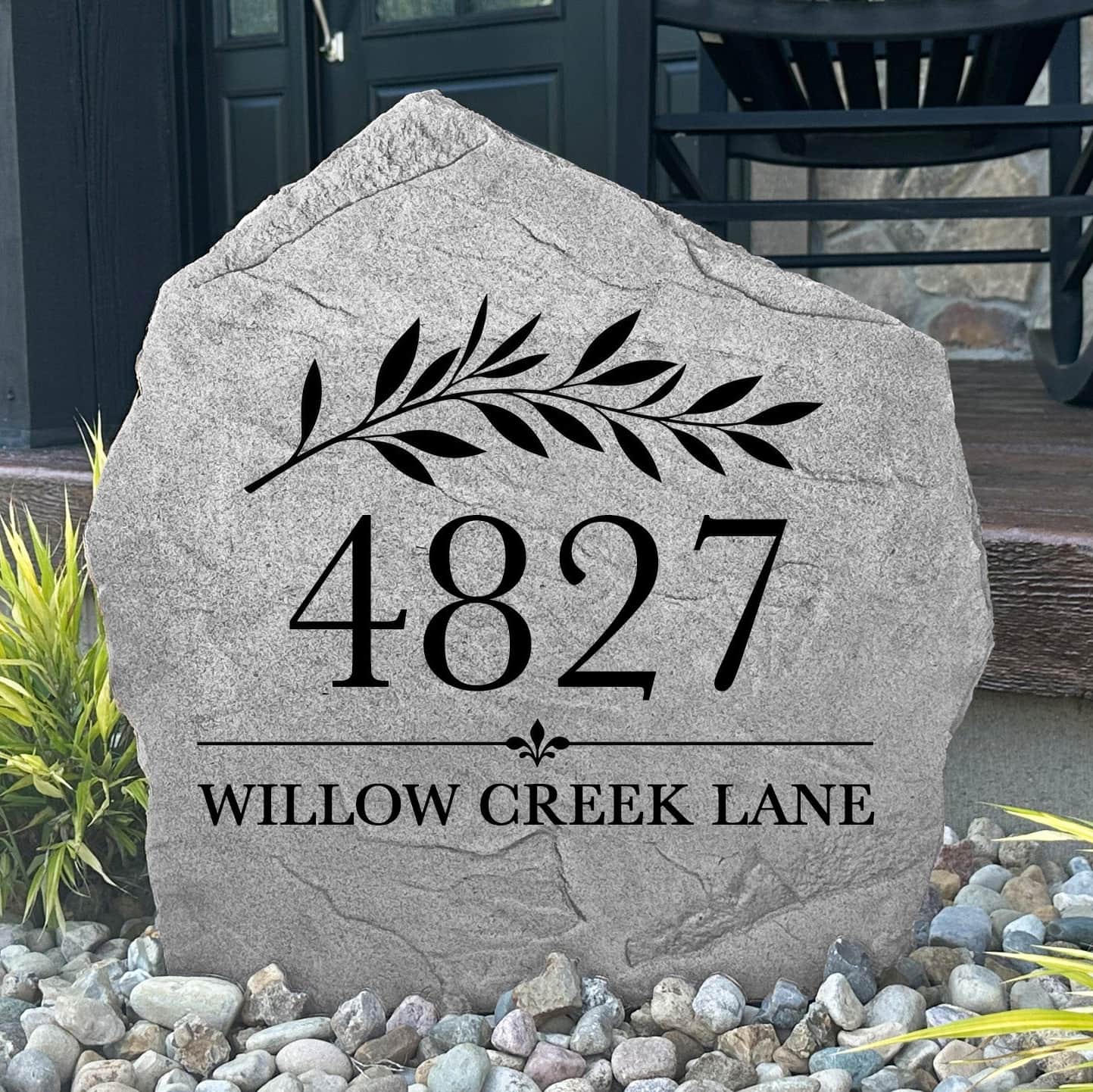 Custom engraved Willow Address Stone designed to display your house numbers with timeless botanical styling. Ideal for front entryways, driveways, gardens, and beautifully landscaped flower beds.