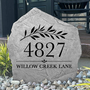 Custom engraved Willow Address Stone designed to display your house numbers with timeless botanical styling. Ideal for front entryways, driveways, gardens, and beautifully landscaped flower beds.