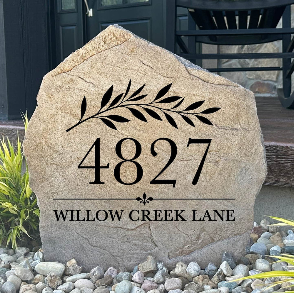 Personalized Willow Address Stone featuring custom house numbers framed by an elegant willow-inspired engraving. This handcrafted address marker creates a welcoming first impression and enhances curb appeal.