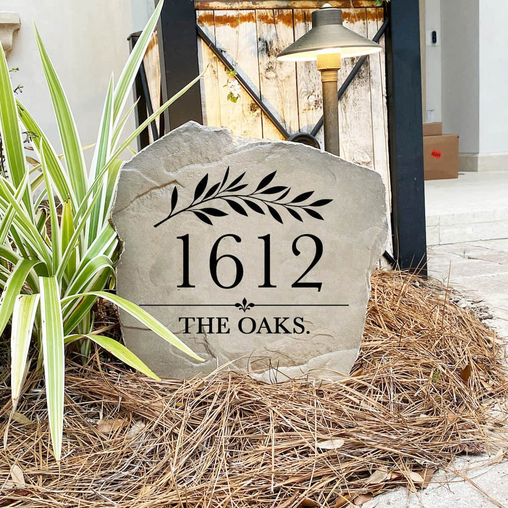 Made in the USA, the Willow Address Stone is deeply engraved for exceptional detail and built to withstand the elements. Available in Sandstone and Greystone finishes to complement any home's exterior.