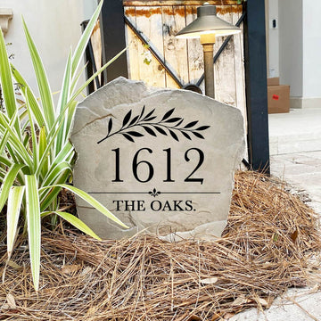 Made in the USA, the Willow Address Stone is deeply engraved for exceptional detail and built to withstand the elements. Available in Sandstone and Greystone finishes to complement any home's exterior.